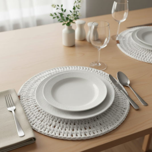 Handwoven White Round Raffia Crochet Placemat